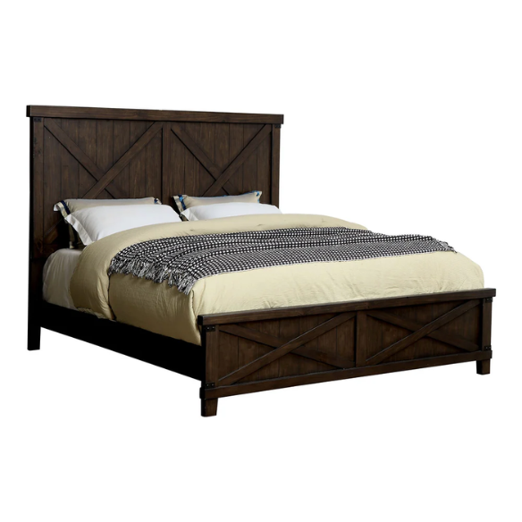 Rustic Dark Walnut 2-Piece King Size Panel Bed and Nightstand Set with X-Shape Accents and Metal Corners