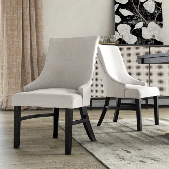 Beige Upholstered Farmhouse Dining Chairs with Black Wooden Legs (Set of 2) – Padded Comfort Seating for Kitchen or Dining Room