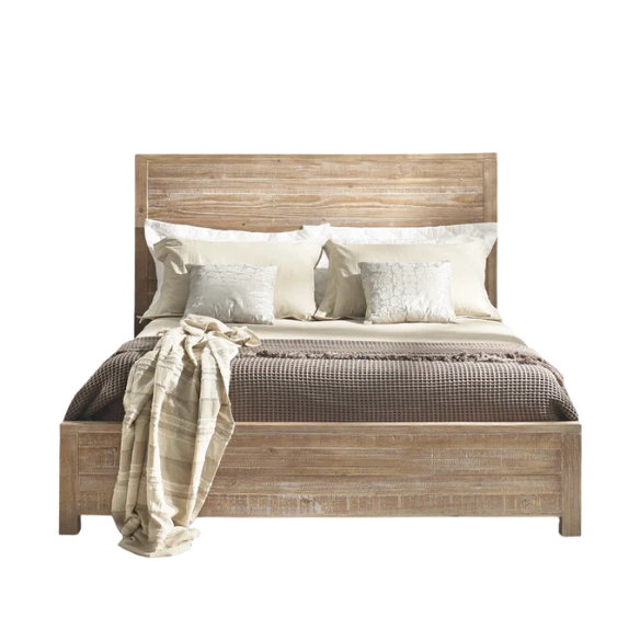 Rustic Solid Pine Wood King Size Panel Bed with Distressed Finish and Streamlined Headboard