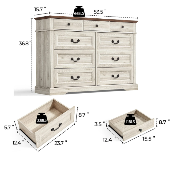 Rustic Modern 9-Drawer 53.5'' Double Dresser with Inset Paneling, Crown Molding, and Customizable Metal Handles