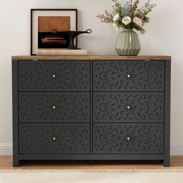Boho-Inspired 45.4" 6-Drawer Dresser with Distressed Finish and Openwork Floral Details