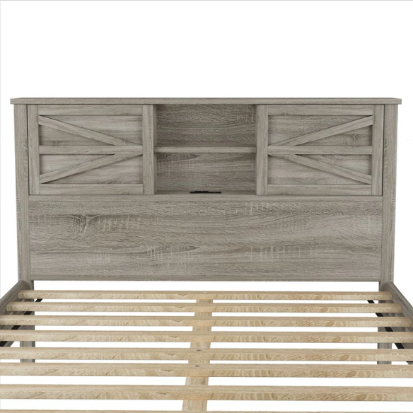 3-Piece Farmhouse Queen Bedroom Set – Platform Bed with Sliding Door Storage Headboard and Charging, Nightstand, and Dresser – Modern Design with Ample Storage