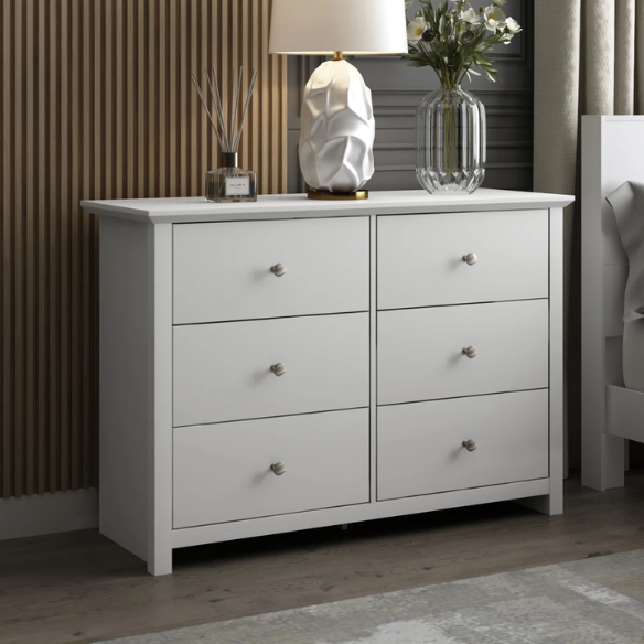 Modern 6-Drawer Double Dresser with Angled Sled Legs and Round Metal Hardware