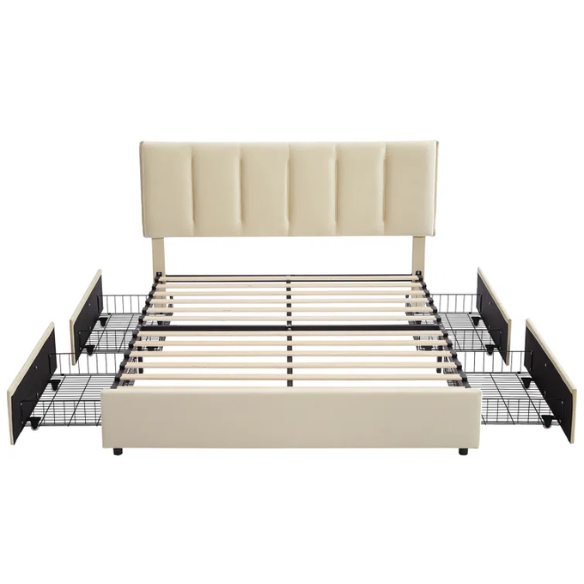 Velvet Upholstered Queen Size Platform Bed with Adjustable Headboard and 4 Storage Drawers
