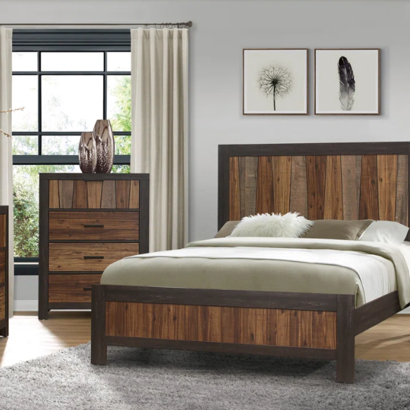 3-Piece Dark Ebony and Rustic Mahogany Modern Panel Bedroom Set – Embossed Faux-Wood Veneer, Rich Acacia Tones, and Dark Metal Hardware