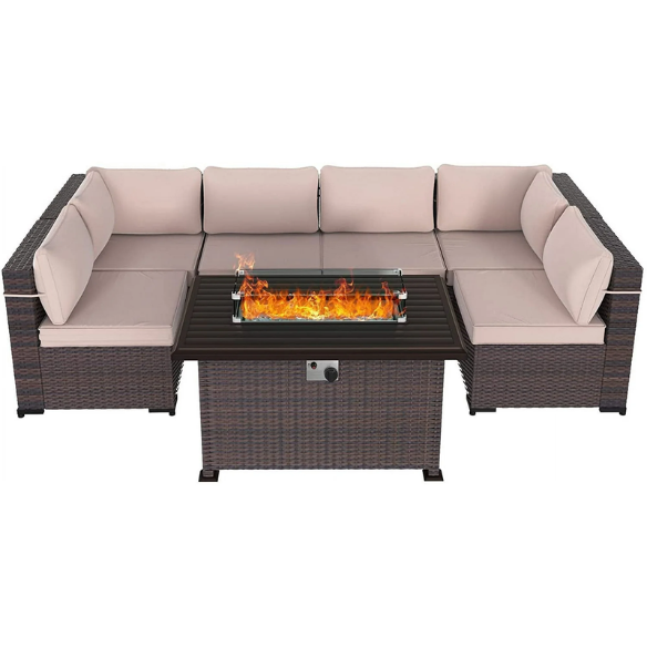 8-Piece Patio Furniture Set with 40" Fire Pit Table | Outdoor Wicker Sectional Sofa Set with Coffee Table | Perfect for Garden Gatherings