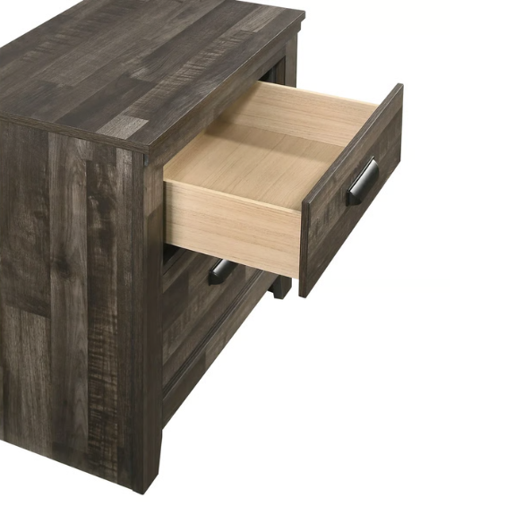 Rustic Dark Grey Weathered 6-Piece Platform Bedroom Set with Bold Black Hardware – Frame-Style Design, Metal-on-Metal Drawer Guides, and Sturdy Construction
