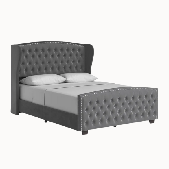 Velvet Queen Size Bed with Button Tufted Upholstery, Nailhead Trim, and Wingback Headboard