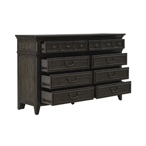 Timeless Queen Bedroom Set with Saddle Brown Panel Bed, Dresser, Mirror, and Antique Pewter Hardware