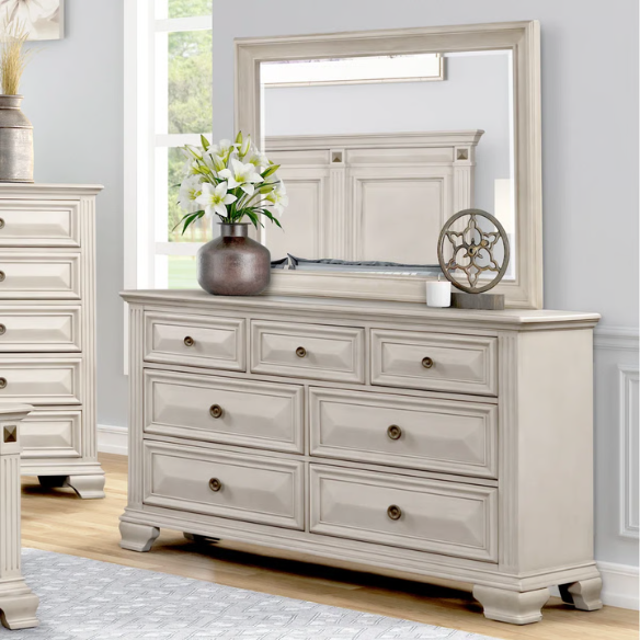 5-Piece King Bedroom Set – Solid Wood Construction with Muted Silver Accents, Fluted Pilasters, French Bracket Foot Bases, and Elegant Dovetail Drawer Detailing for Timeless Sophistication