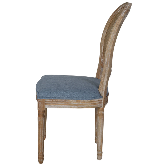 Light Denim Blue Upholstered Dining Chairs with Wicker Back and Natural Wood Frame (Set of 2) – French Country Farmhouse Accent Seating