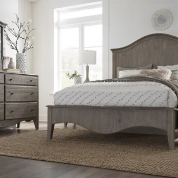 Rustic Charm Meets Chic Elegance: Solid Wood Platform King Size Bedroom Set with Scalloped Edges, Weathered White Wash Finish, Unique Grain Patterns, Angled Feet, and Oil-Rubbed Bronze Drawer Pulls