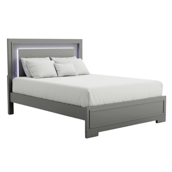 Contemporary 6-Piece Queen Bedroom Set in Solid Grey with LED-Illuminated Headboard, Textured Panels, and Eco-Friendly Rubberwood Construction