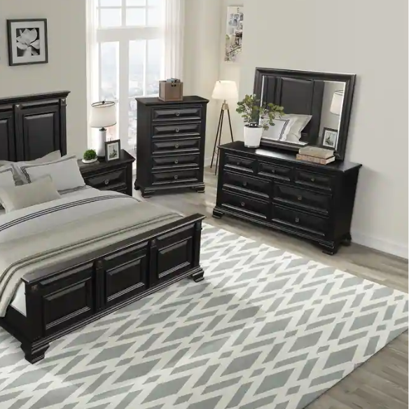 Timeless Vintage Black Wood 6-Piece Traditional Bedroom Set with Double-Panel Bed, Silvertone Accents, and Fluted Pilasters