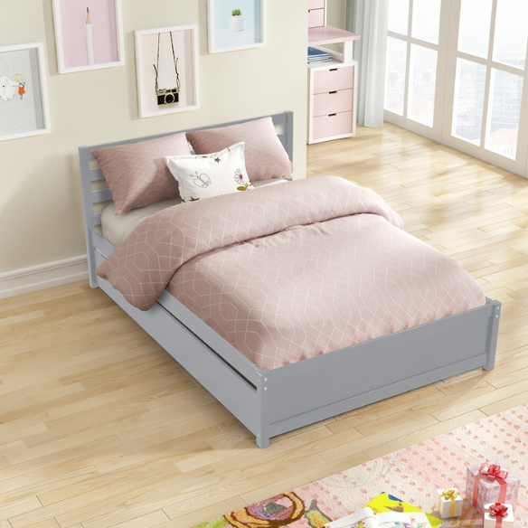 Wooden Full Size Bed with Headboard and Trundle – Space-Saving Design & Versatile Sleeping Solution