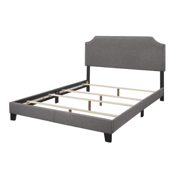 King Size Upholstered Standard Bed with Scooped Corner Headboard, Nailhead Trim, and Extra Support Feet – Classic Design with Adjustable Base Compatibility