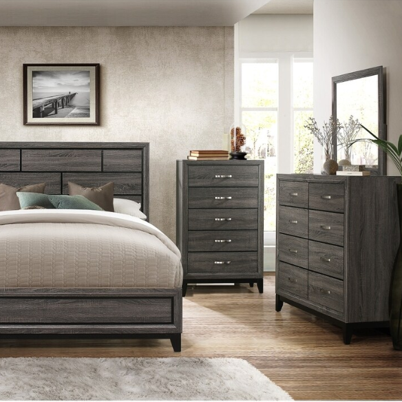 5-Piece Gray Modern Panel Bedroom Set with Wood Grain Accents & Nickel Metal Hardware
