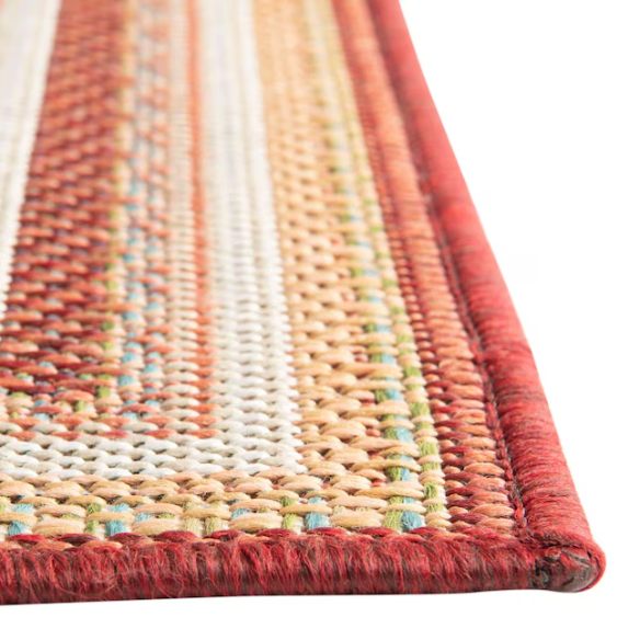 Coastal-Inspired Geometric Rug – Fade & Stain-Resistant, Burgundy,Ivory,Orange,Green,Blue Pattern, Ideal for Indoor/Outdoor Use