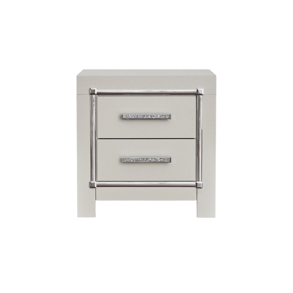 Opulent Silver Upholstered Panel King Bed Set with Metallic Gator Finish and Faceted Chrome-Tone Nightstands