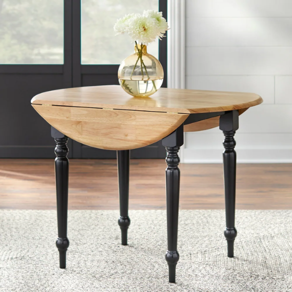 5-Piece Dining Set – Two-Tone Round Table with Drop Leaves & Cross-Back Chairs