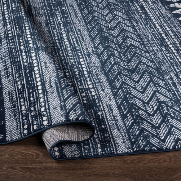 Southwestern-Inspired Geometric Rug – Navy Blue Diamond, Chevron & Dot Patterns on Off-White, Stain-Resistant, Perfect for High-Traffic Areas