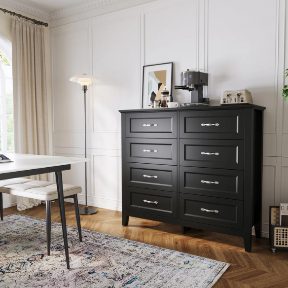 French Country-Inspired 8-Drawer 47.3" Double Dresser with Rustic Finish, Crown Molding, and Tapered Legs