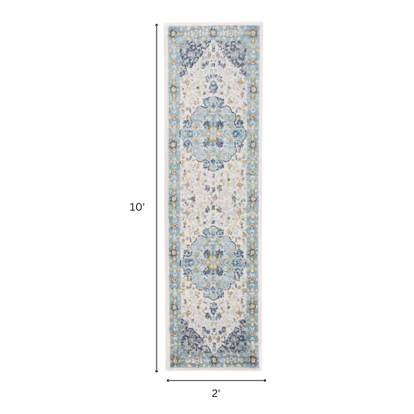 Distressed Oriental-Inspired Indoor Rug – Blue, Yellow & Cream Medallion Pattern, Stain-Resistant, Fade-Resistant, Perfect for Traditional & French Country Décor