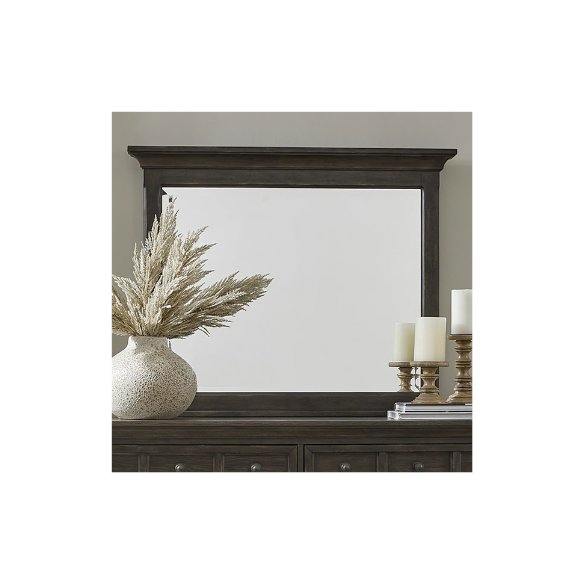 Rustic Elegance 3-Piece King Panel Bed, Dresser & Mirror Set in Saddle Brown – Crafted with Rubberwood and Split Heart White Oak Veneers, Soft-Close Drawers, Cedar Lining, Antique Pewter Hardware, and Crown Molding Details