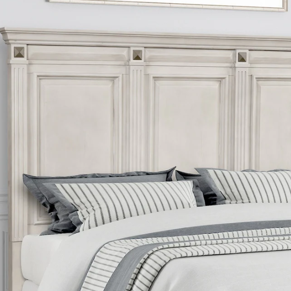 Distressed Parchment Wood Bedroom Set with Panel Bed, Dresser, Mirror, and Nightstand, Featuring Silver Accents and Fluted Pilasters