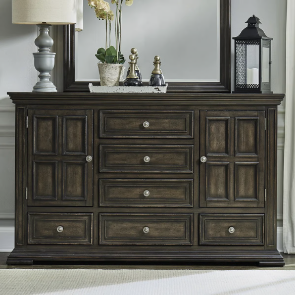 4-Piece Panel Bed, Dresser, Mirror & Nightstand Set with Antique Pewter Accents and Charging Station – Distressed Whitestone Finish, Rubberwood Solids, and Architectural Det