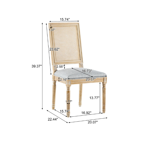 French Country Wood and Cane Upholstered Dining Chairs – Weathered Rubberwood Frame with Fluted Legs & Rectangular Cane Backrest