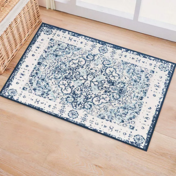 Distressed Oriental-Inspired Indoor Rug – Blue and White Medallion Pattern, Stain-Resistant, Fade-Resistant, Perfect for Traditional & French Country Décor
