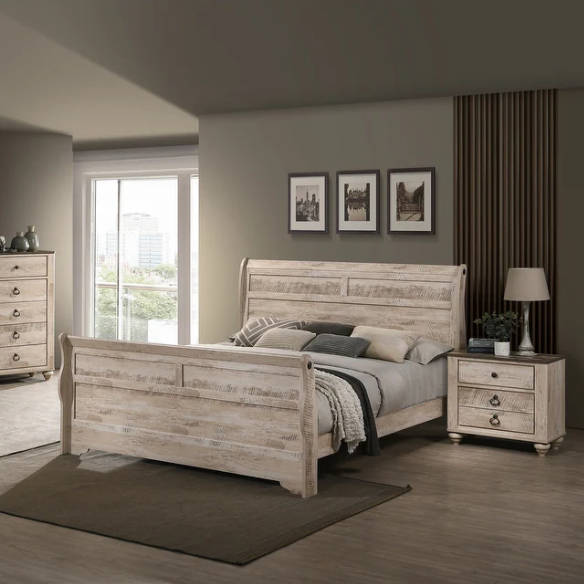 Charming 6-Piece White Wash Finish Bedroom Set with Sleigh Bed, Dresser, Mirror, Nightstands, and Chest – Antique Bronze Accents and Rustic Elegance