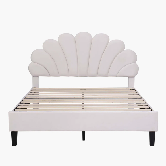 Upholstered Platform Bed with Flower Pattern Velvet Headboard – Full/Double Size, Elegant Design for Modern Bedrooms