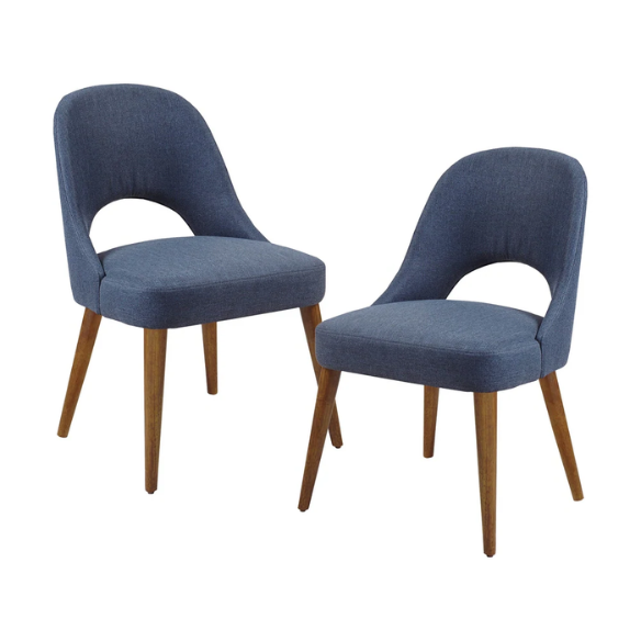 Textured Fabric Dining Side Chairs (Set of 2) – Solid Wood Frame with Mediterranean or Pecan Finish, High-Density Foam Fill & Rounded Back Design