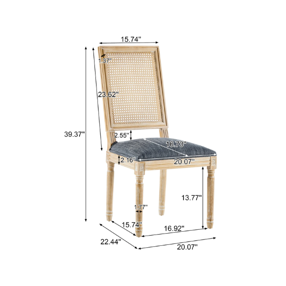 French Country Wood and Cane Upholstered Dining Chairs – Weathered Rubberwood Frame with Fluted Legs & Rectangular Cane Backrest
