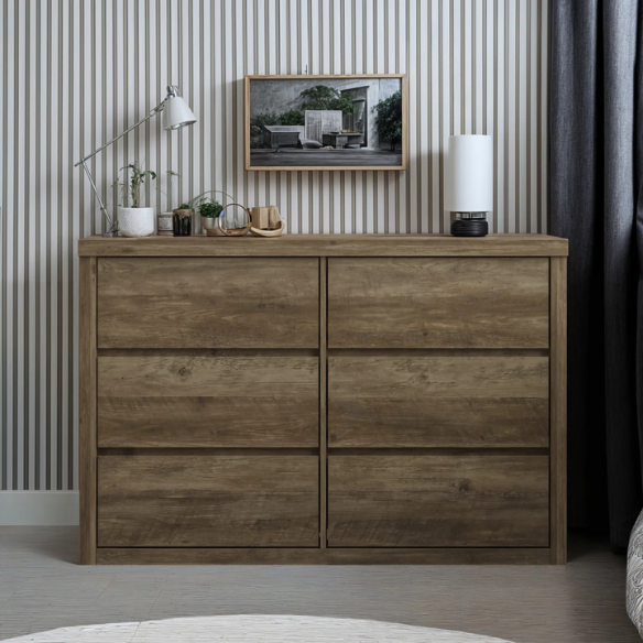 Modern 46.46'' 6-Drawer Double Dresser with Hidden Handles and Wood Grain Finish