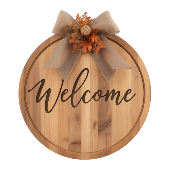 Rustic Wooden Welcome Sign with Autumn Ribbon Bow