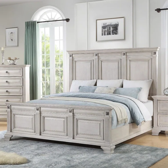 Solid Wood Panel 3-Piece Bedroom Set – Renova Distressed Parchment Wood Panel Bed with Vintage Black Finish, Muted Silver Accents, Fluted Pilasters, and French Bracket Foot Bases – Timeless Traditional Style with Raised Beveled Drawer Fronts