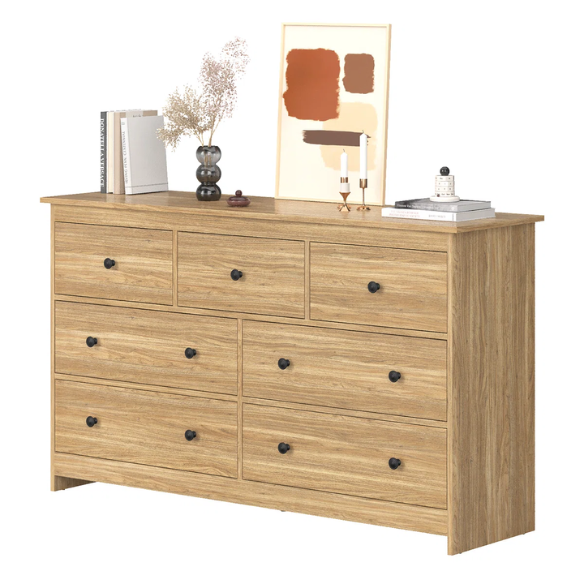 Classic & Modern 7-Drawer Dresser with Matte Wood Finish and Elegant Metal Knobs
