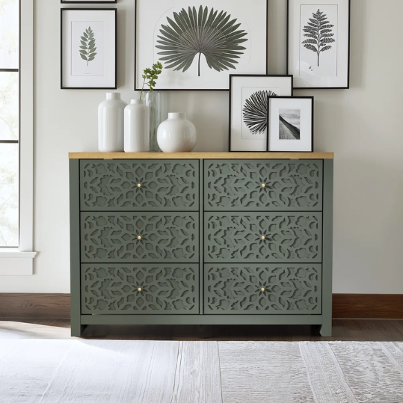 Boho-Inspired 45.4" 6-Drawer Dresser with Distressed Finish and Openwork Floral Details