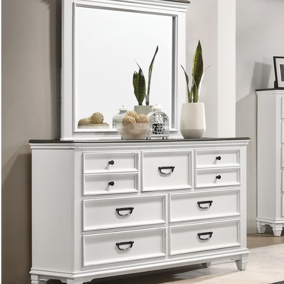 Modern Farmhouse 5-Piece Wood Bedroom Set with Shiplap Detailing, Weathered White Finish, and Black Finished Hardware