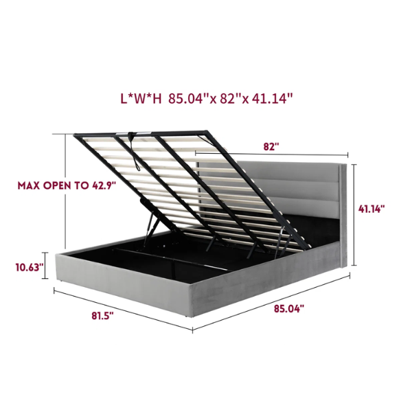 Elegant Hydraulic Lift Upholstered Storage Bed with Wingback Headboard, Velvet Fabric, Button-Tufted Detailing, and Ample Under-Bed Storage for Bedding and Seasonal Items