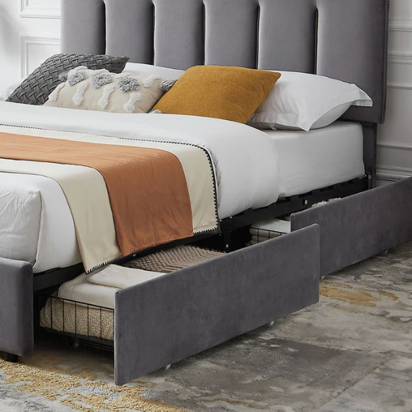 Velvet Upholstered Queen Size Platform Bed with Adjustable Headboard and 4 Storage Drawers