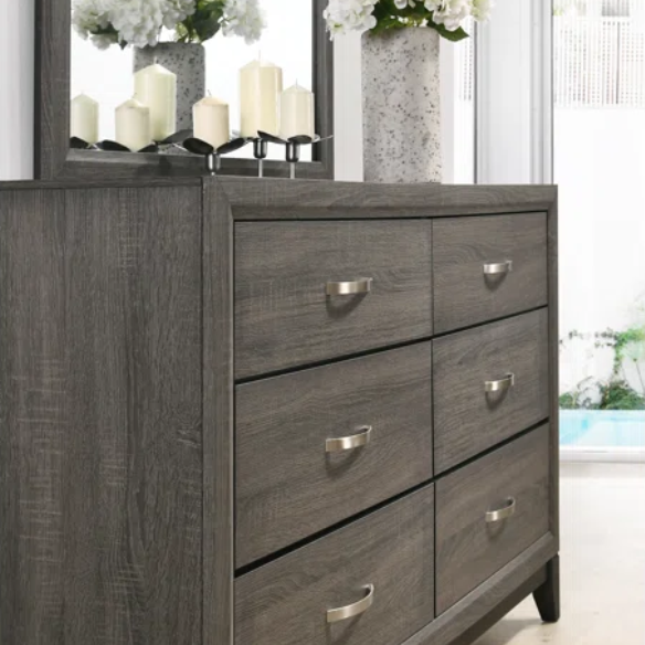 Rustic Cabin-Inspired 5-Piece Queen Bedroom Set with Carved Wood Panel Bed, Metal Hardware, and Dark Gray Brushed Finish
