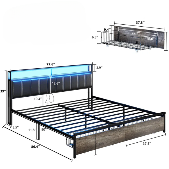 Modern LED King Size Bed Frame with Storage Drawers and Built-in Charging Station
