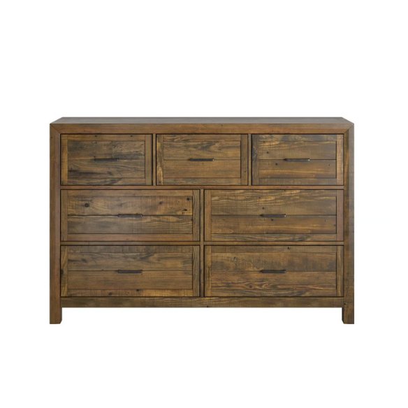 Rugged and Weathered 5-Piece King Bedroom Set – Solid Pine Wood Frame with Dark Brown Finish, Ball-Bearing Glide Drawers, Weathered Steel Hardware, and Ample Storage