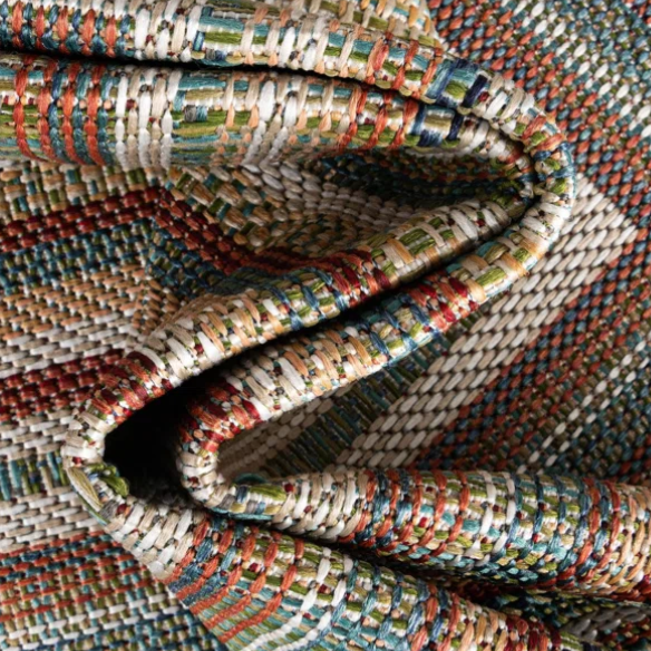 Coastal-Inspired Geometric Rug – Fade & Stain-Resistant, Green & Orange Pattern, Ideal for Indoor/Outdoor Use