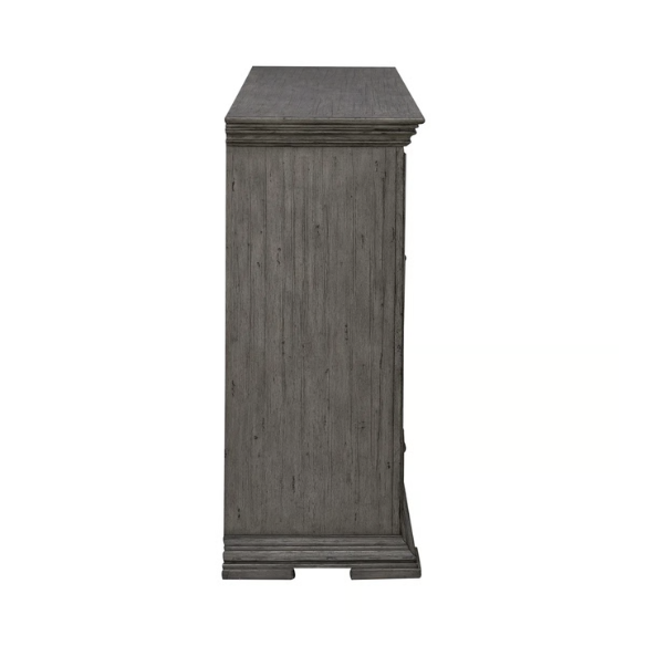 4-Piece Panel Bed, Dresser, Mirror & Nightstand Set with Antique Pewter Accents and Charging Station – Distressed Whitestone Finish, Rubberwood Solids, and Architectural Det