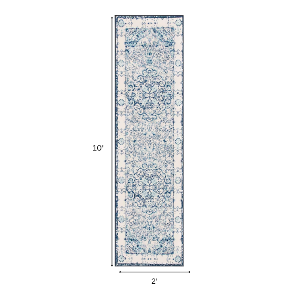 Distressed Oriental-Inspired Indoor Rug – Blue and White Medallion Pattern, Stain-Resistant, Fade-Resistant, Perfect for Traditional & French Country Décor